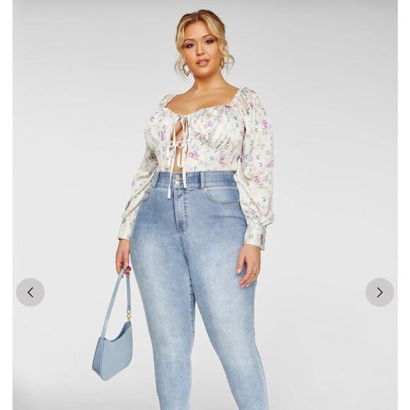 Floral Print Tie Front Blouse with Long Sleeves, Ivory 2X - Picture 2 of 8